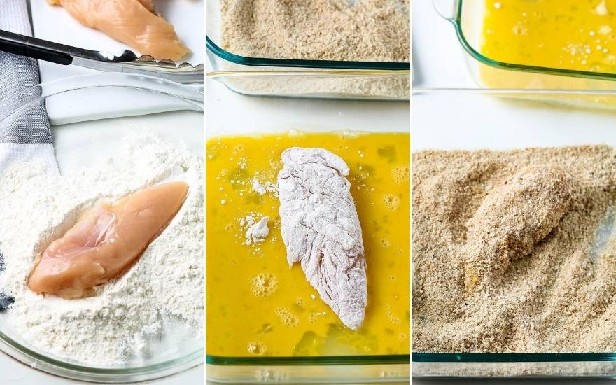 3 image collage: chicken being dipped in flour, then in eggwash, last in breadcrumbs