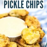 air fried pickles on glass plate with sauce with text overlay