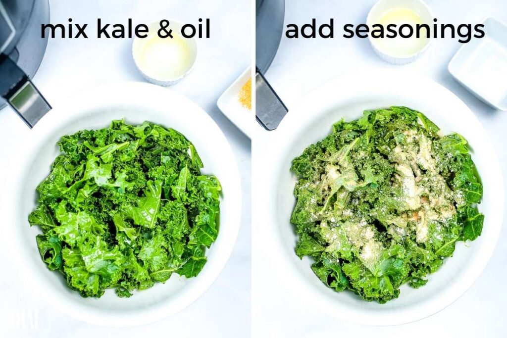 mixing the kale and oil in a mixing bowl then adding the seasonings