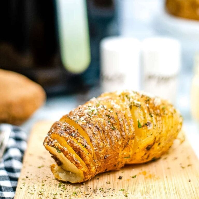 close up of a hasselback potato after it has been air fried