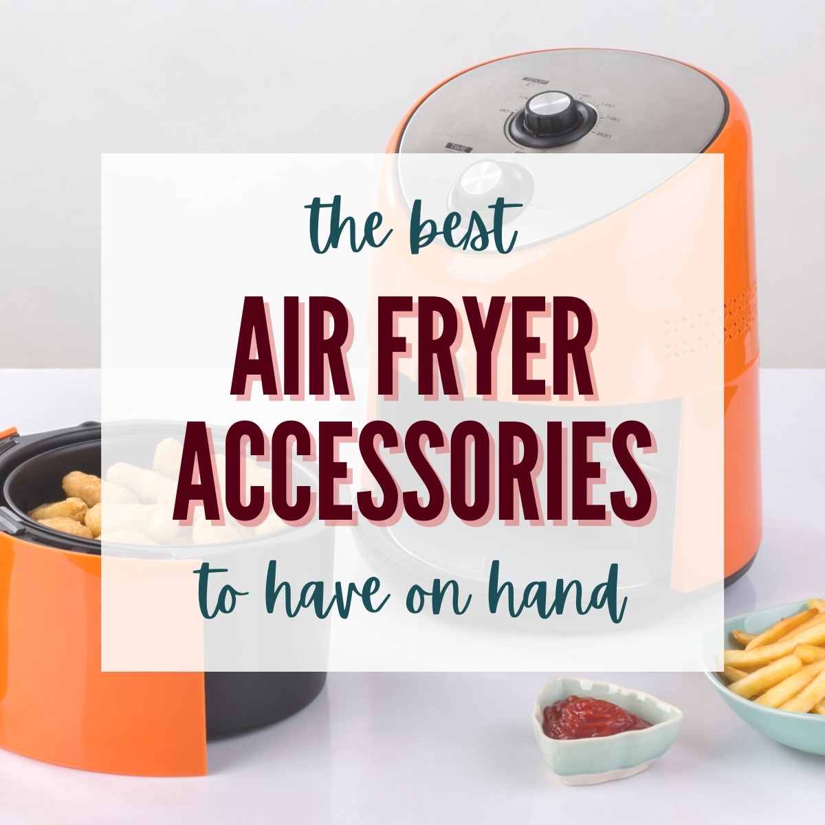 orange air fryer with basket out with text overlay