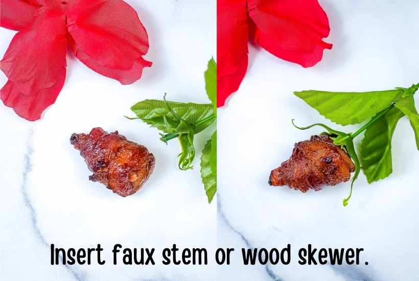 two image collage showing the bacon rose being placed on the faux rose stem
