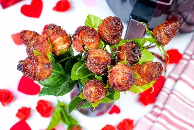 top shot of a DIY bacon rose bouquet that were cooked in the air fryer
