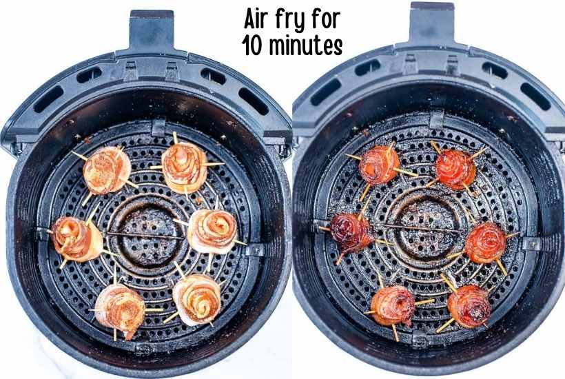 two image collage showing bacon roses in the air fryer baskets with toothpicks inserted before and after they are cooked