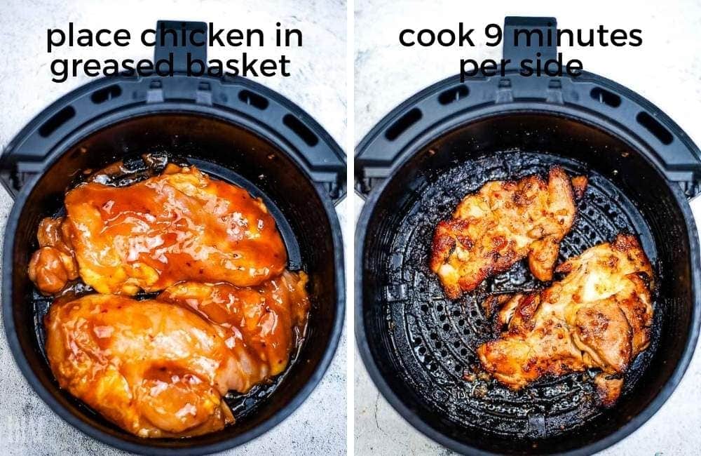 Hawaiian chicken in the air fryer basket before and after cooking