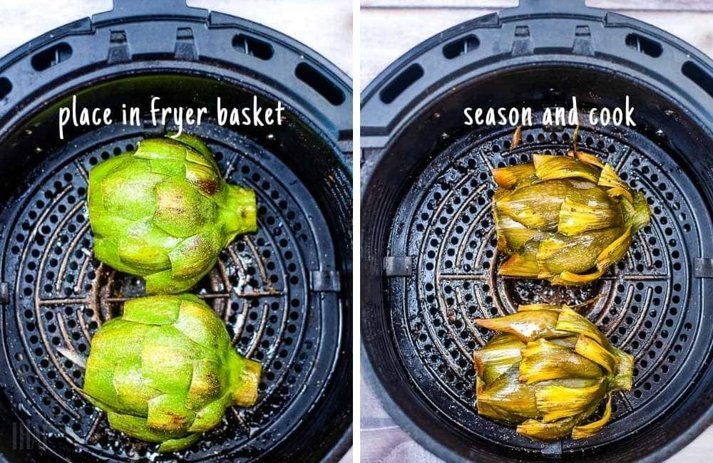 before and after of artichokes being made in the air fryer
