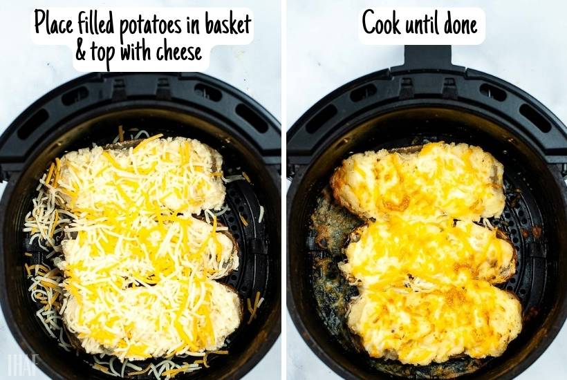 before and after of the twice baked potatoes in the air fryer
