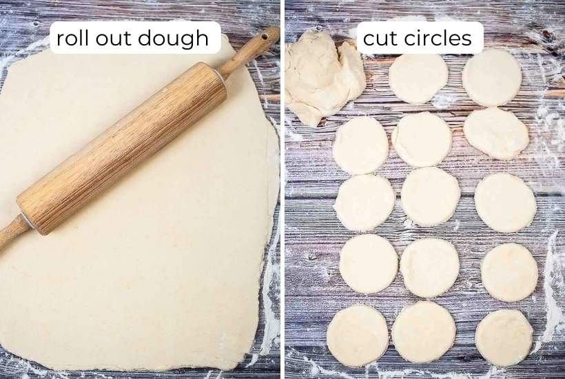 dough being rolled out with a rolling pin and circles cut out