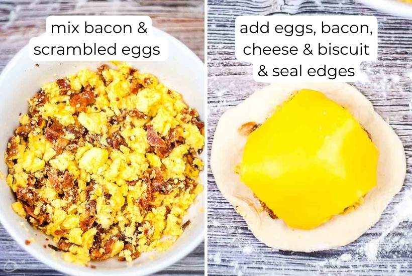 scrambled eggs and bacon mixed in a bowl then added to the dough with cheese
