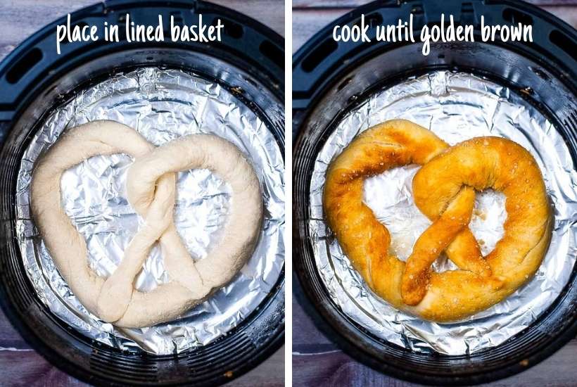collage of uncooked and cooked pretzels in air fryer basket