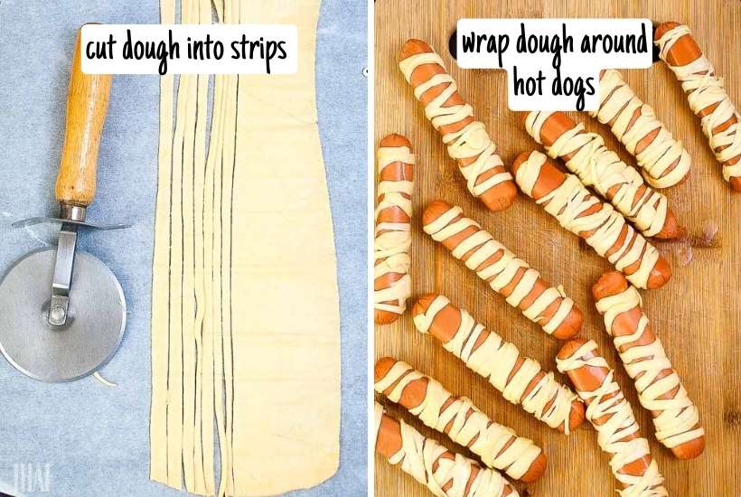 two image collage of dough being cut into strips and wrapped around hot dogs.