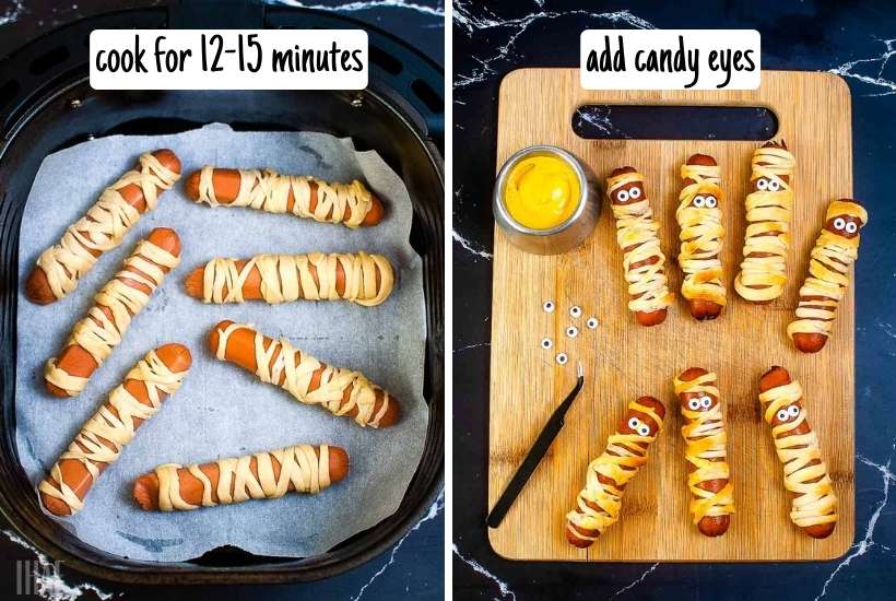 two image collage mummy dogs cooking in the air fryer then adding the candy eyeballs.