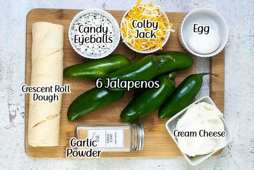 ingredients needed to make mummy jalapeno poppers with text overlay.