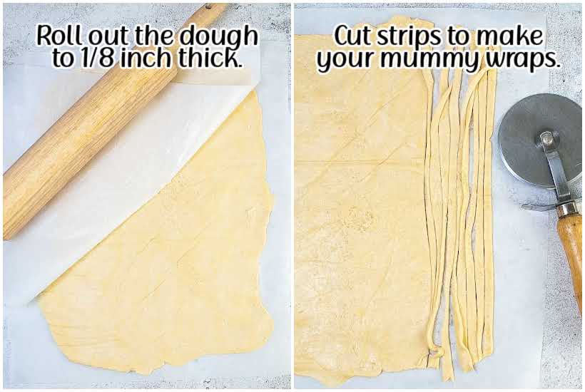 two image collage rolling out dough with rolling pin and thin strips being cut with pizza cutter laying next to dough with text overlay.