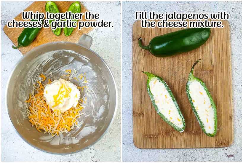 two photos of cheeses being mixed in a metal mixing bowl and a jalapeno being stuffed on a wooden cutting board with text overlay.