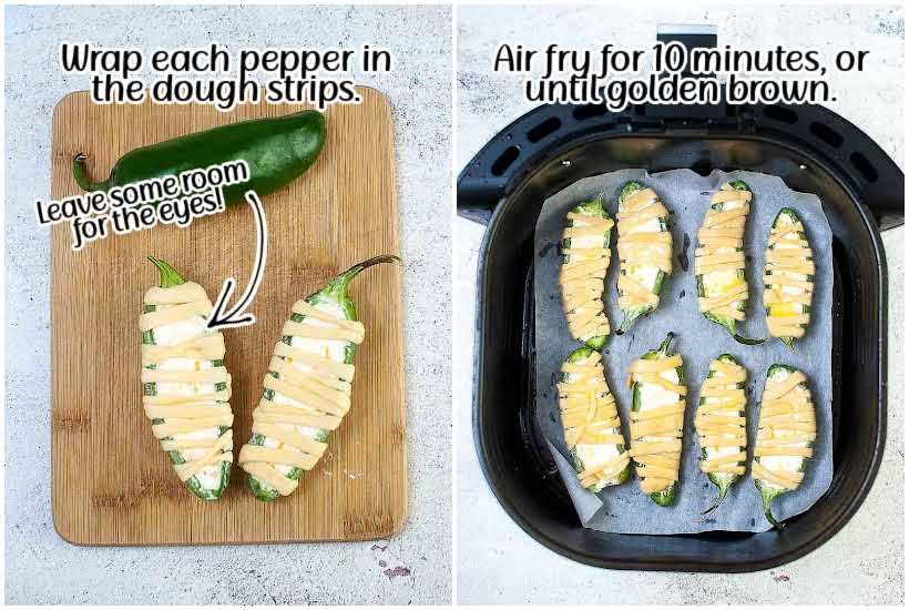 two image collage of poppers being wrapped with dough on cutting board and dough wrapped poppers in an air fryer with text overlay.