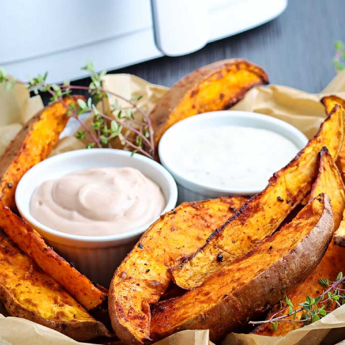 sweet potato wedges in a basket with two bowls of dipping sauces.
