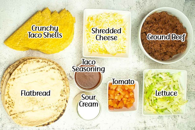ingredients needed to make air fryer cheesy gordita crunch with text overlay.