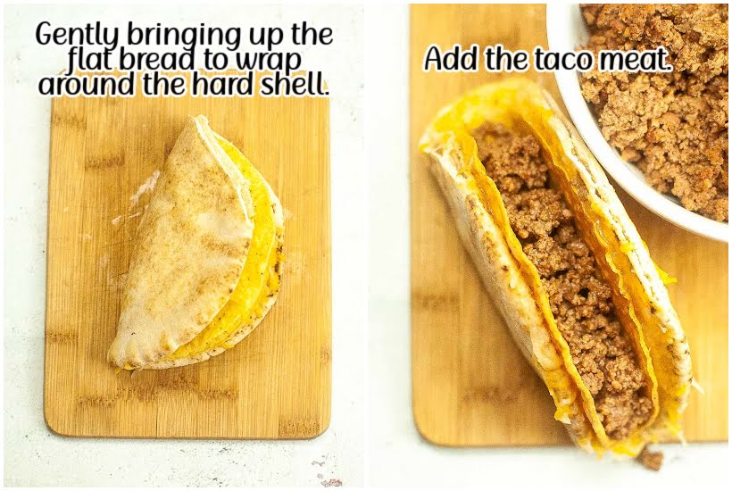 side by side images of flat bread wrapped around hard shell and taco meat added to shell with text overlay.