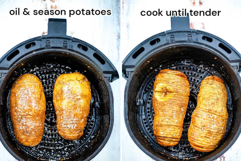 two photo collage of potatoes oiled and seasoned in fryer basket and after cooking.
