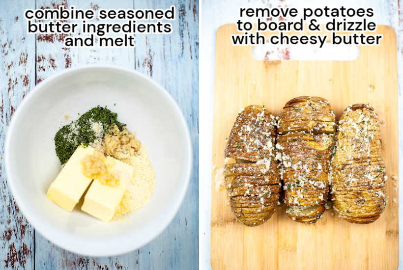 two photo collage of seasoned butter ingredients in a white bowl and 3 accordion potatoes with seasoned butter and Parmesan on a cutting board.