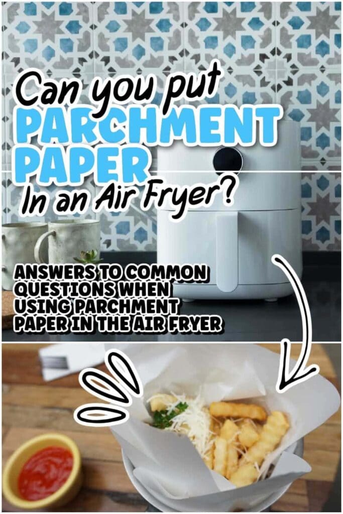 two photo collage of white air fryer on a counter and French fries in a paper lined bowl with text overlay.